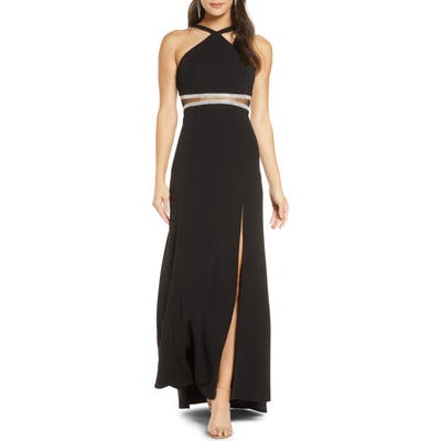 Sequin Hearts Embellished Halter Neck Scuba Crepe Column Gown, Black
