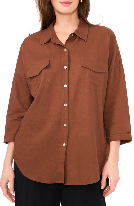 Halogen Linen Blend Oversize Button-up Tunic In Cocoa Brown