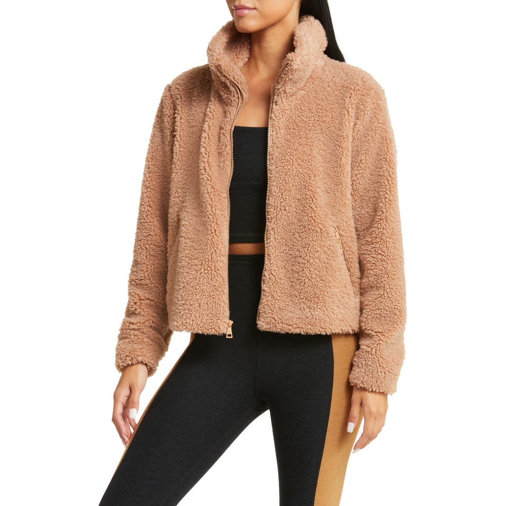 Beyond Yoga Faux Fur Zip Jacket In Camel