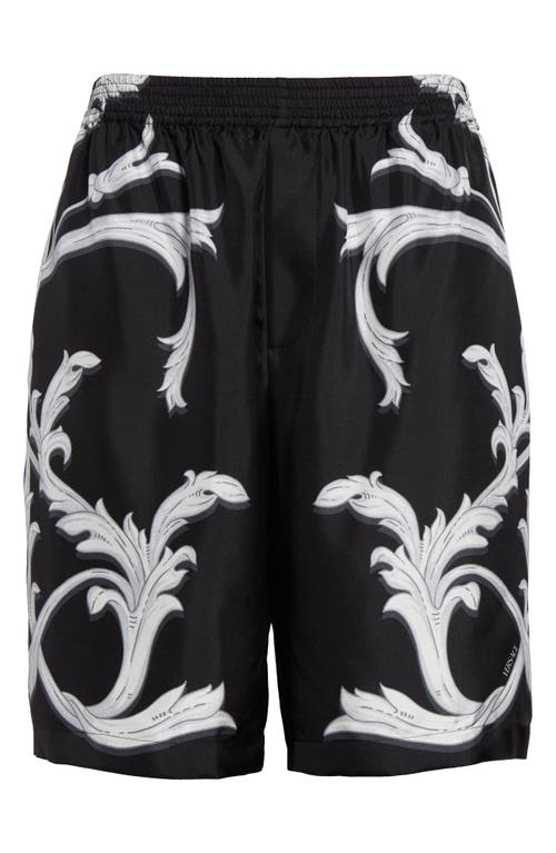 Shop Versace Acanthus Leaves Silk Twill Shorts In Black White