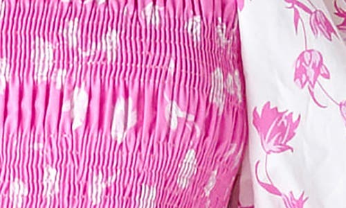 Shop English Factory Colorblock Tulip Print Smocked Top In Pink/white