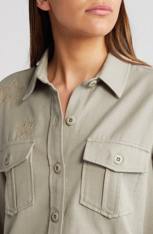 Shop Rails Loren Star Embroidered Raw Hem Twill Shirt Jacket In Sage Metallic Stars