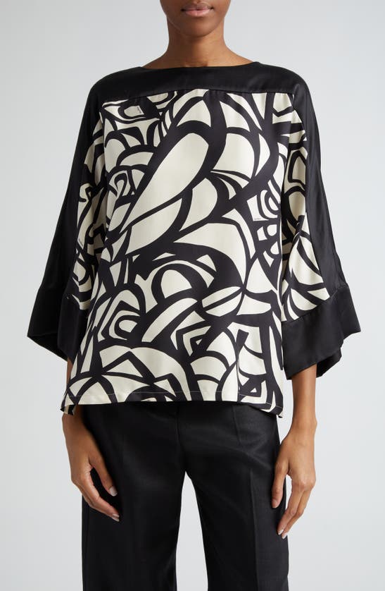 Shop Max Mara Quaglia Abstract Silk Top In White Black