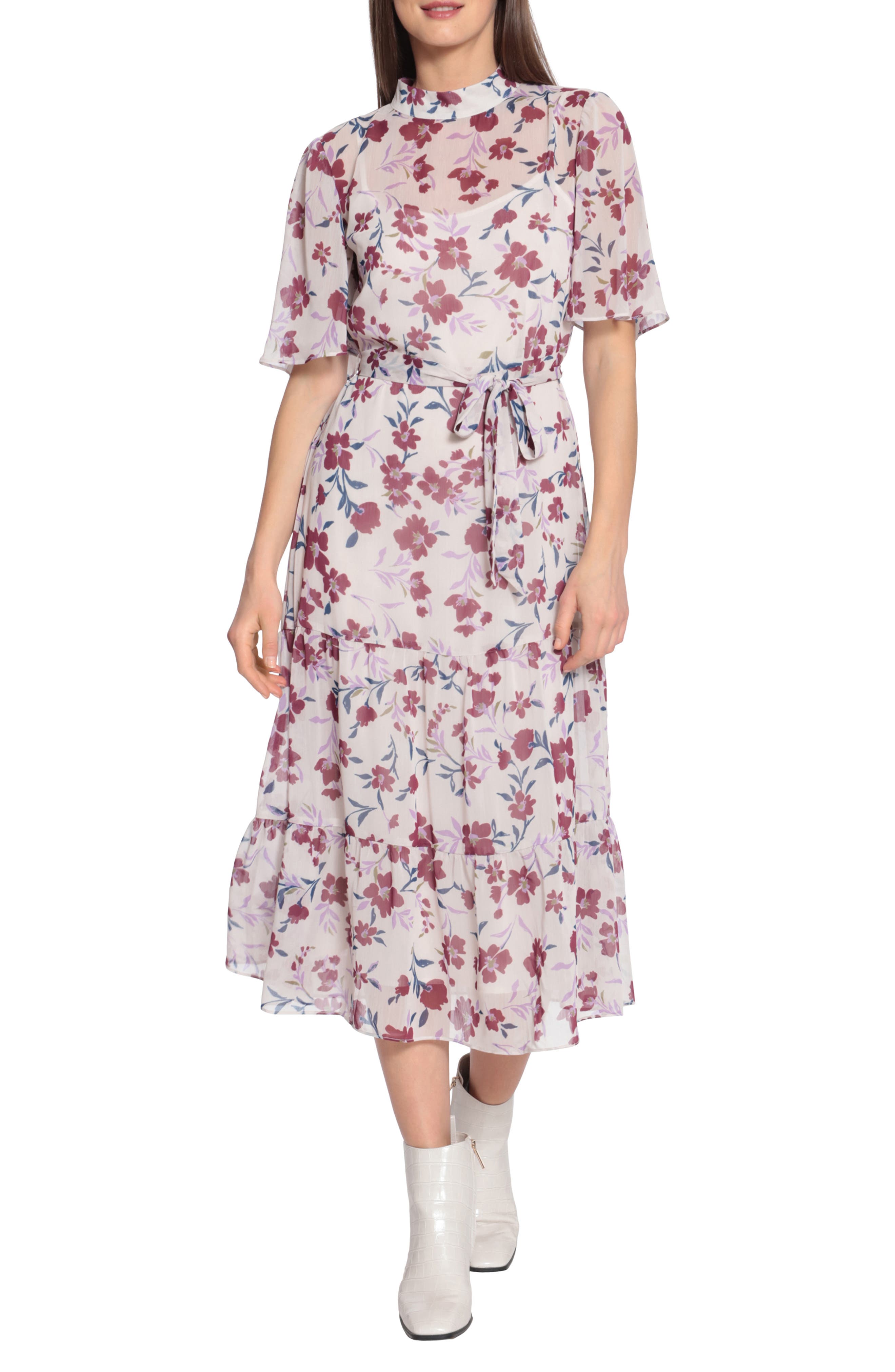 Maggy London Floral Flutter Sleeve Tiered Midi Dress Desert Sand/ Deep Berry