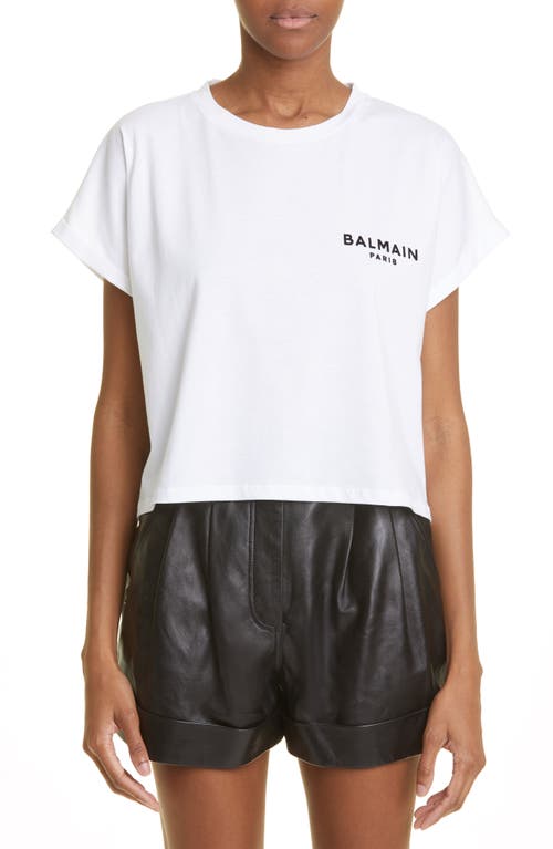 Shop Balmain Flocked Logo Crop T-shirt In Gab White/black