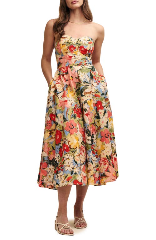 Aurora Floral Print Eyelet Strapless Organic Cotton Dress in Yellow Multi