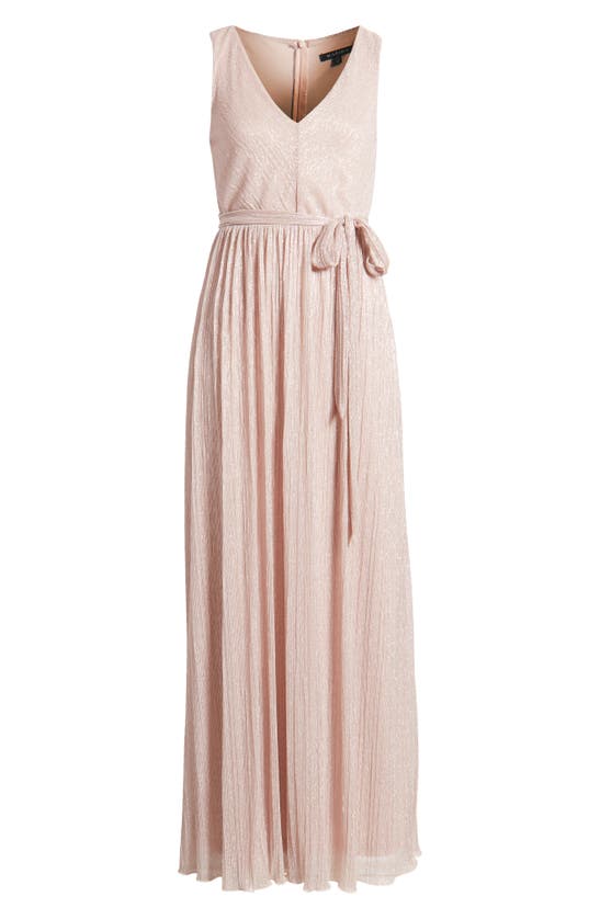 Shop Marina Metallic Pleated Tie Waist Sleeveless Gown In Rose Gold