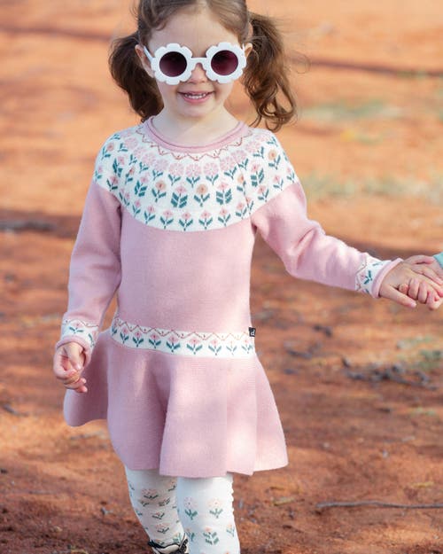 Shop Deux Par Deux Girl's Knit Dress With Round Intarsia Flowers Light Pink In Rosette