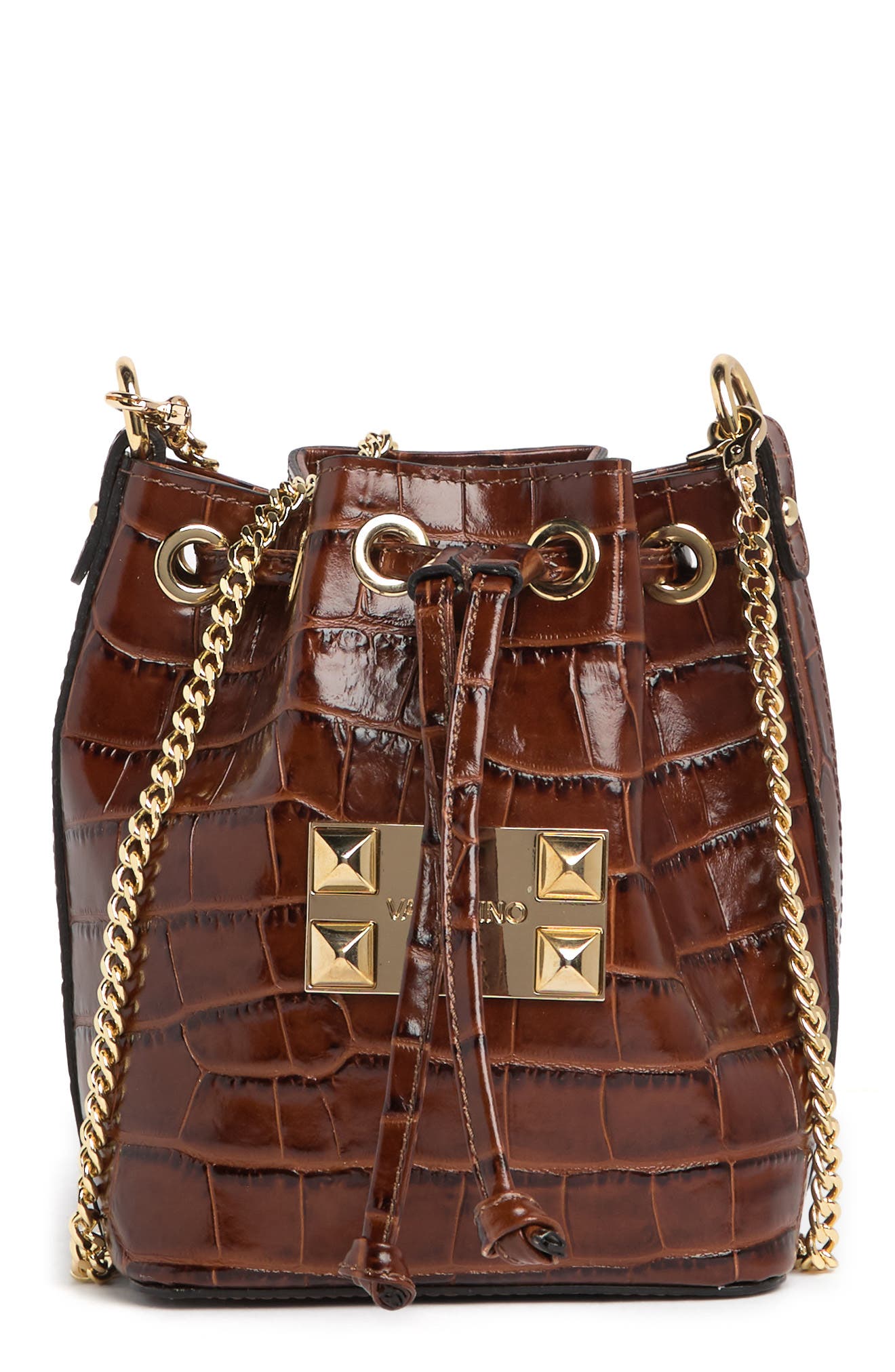Valentino By Mario Valentino Jules Croc Embossed Leather Bucket Bag In Carob ModeSens