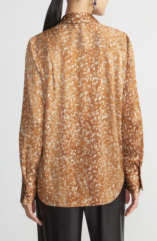 Shop Lafayette 148 New York Scottie Floating Leaves Print Stretch Silk Button-up Shirt In Camel Multi