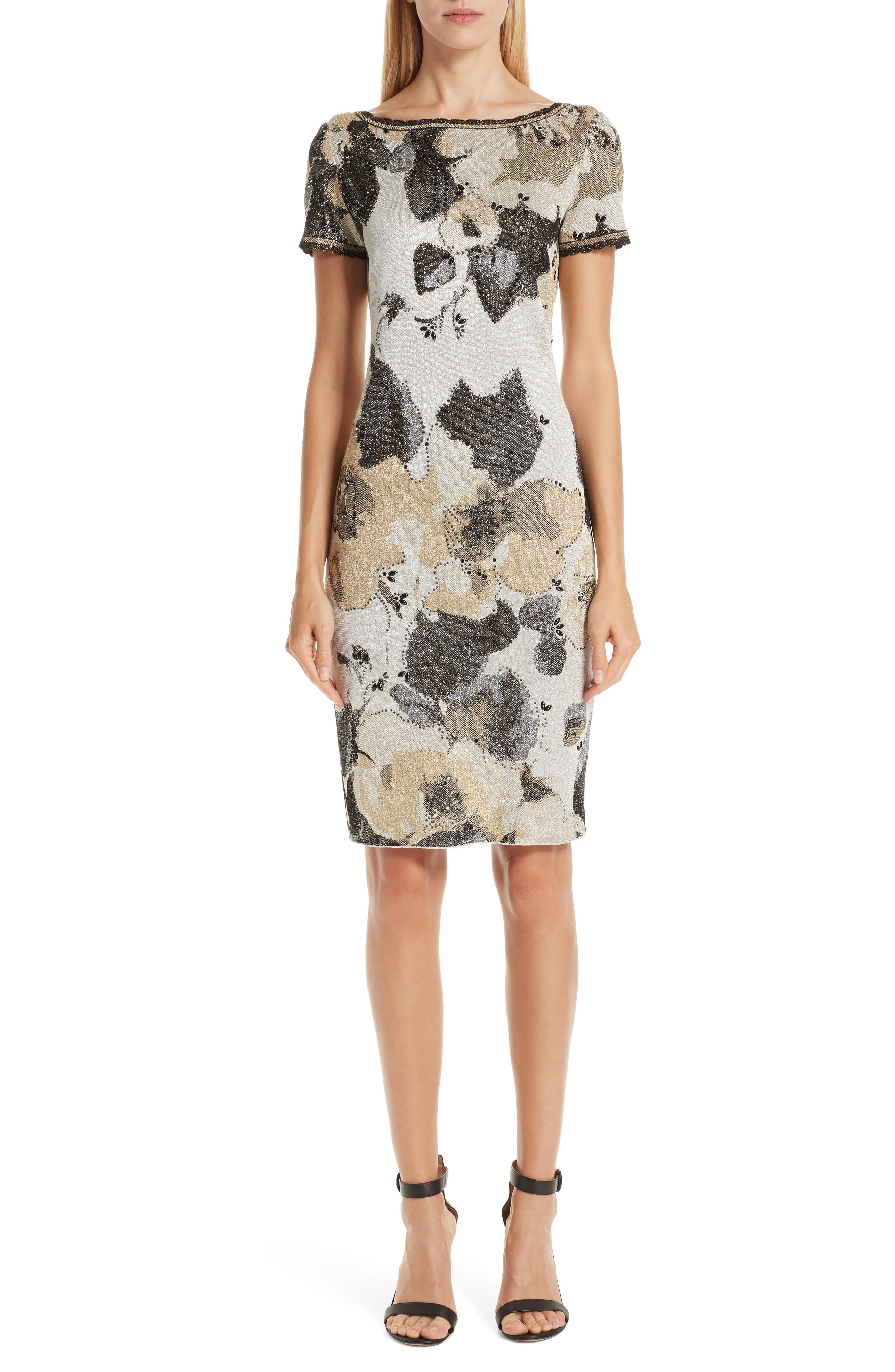 St. John Collection Gold Leaf Jacquard Knit Dress