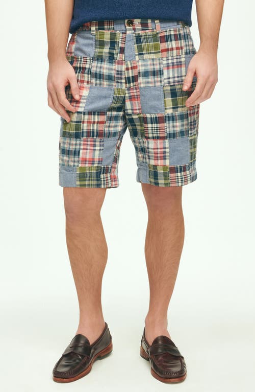 Brooks Brothers Plaid Patchwork Flat Front Cotton Madras Shorts Chambray Multi at Nordstrom,