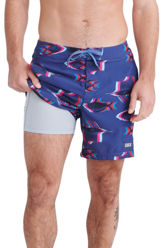 Shop Saxx Betawave 2n1 7-inch Board Shorts In Scaled Up- Deep Cobalt