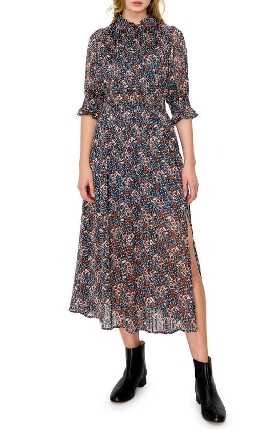 Melloday Mock Neck Elbowlength Sleeve Floral Print Midi Dress In Multi