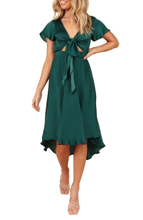 Petal & Pup Amanda Tie Front Cutout High-Low Satin Dress Emerald at Nordstrom,