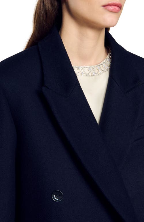 Sandro Long Wool-blend Coat In Navy Blue