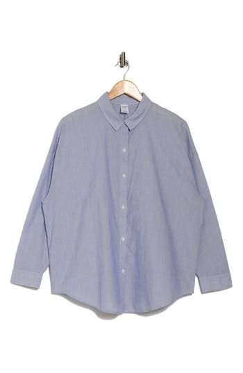 Melrose And Market Long Sleeve Button-up Tunic Shirt In Blue- White Stripe