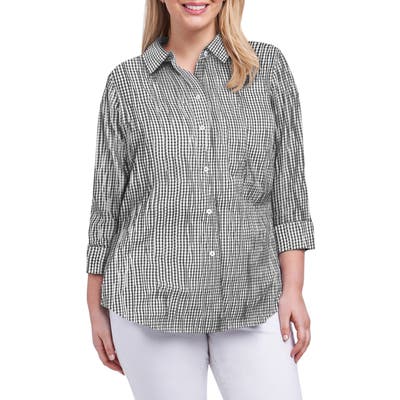 Plus Size Foxcroft Sue Crinkle Mixed Gingham Shirt, Black