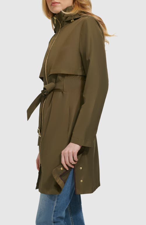 Cole Haan Belted Travel Packable Hooded Rain Jacket In Olive