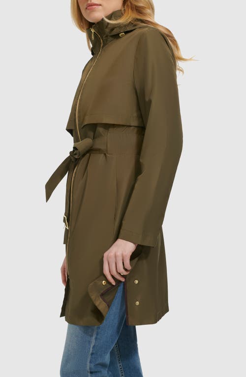 Shop Cole Haan Belted Travel Packable Hooded Rain Jacket In Olive