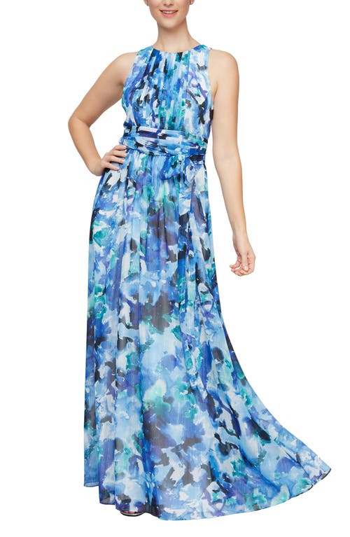 Alex & Eve Abstract Print Pleated Gown in Royal Multi