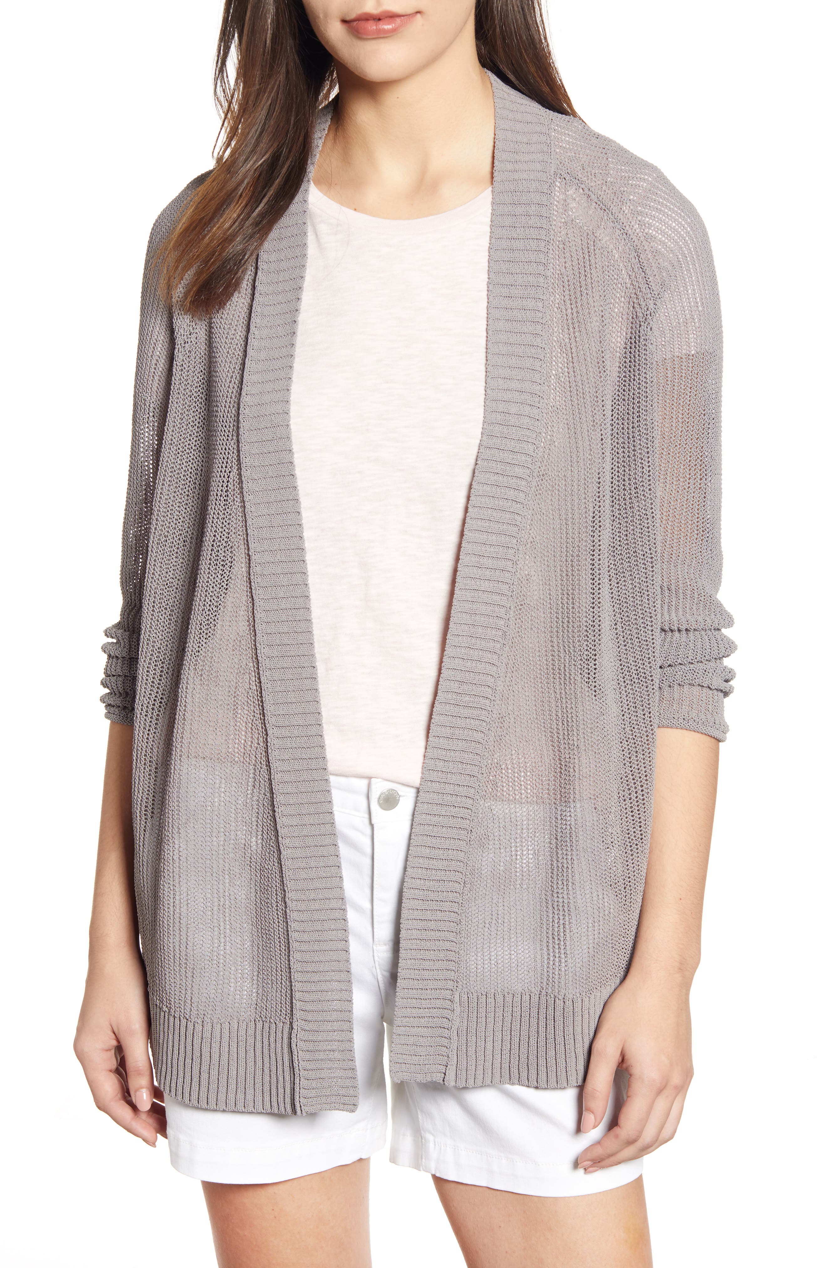 Caslon Open Cotton Blend Cardigan, Grey