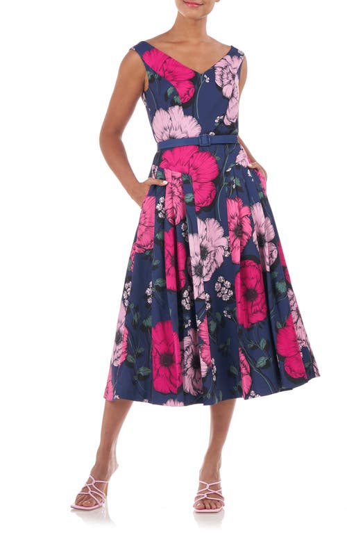 Kay Unger Cory Floral Print Midi Dress in Midnight