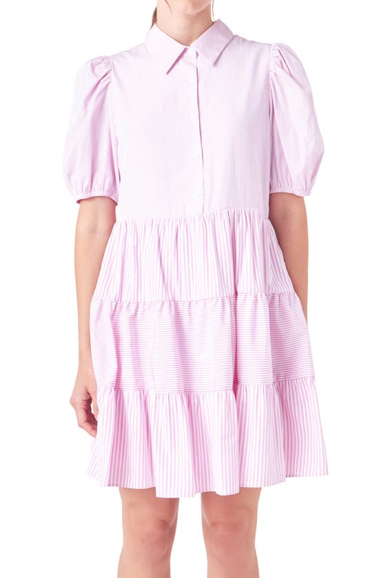Shop English Factory Mix Print Puff Sleeve Shirtdress In Pink