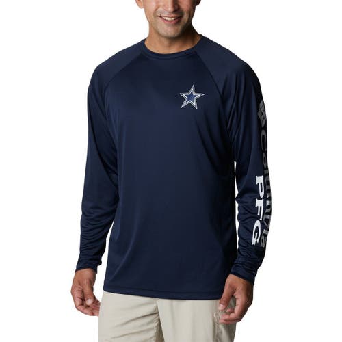 Men's Columbia Navy Dallas Cowboys Big & Tall PFG Terminal Tackle Logo Raglan Omni-Wick Long Sleeve T-Shirt