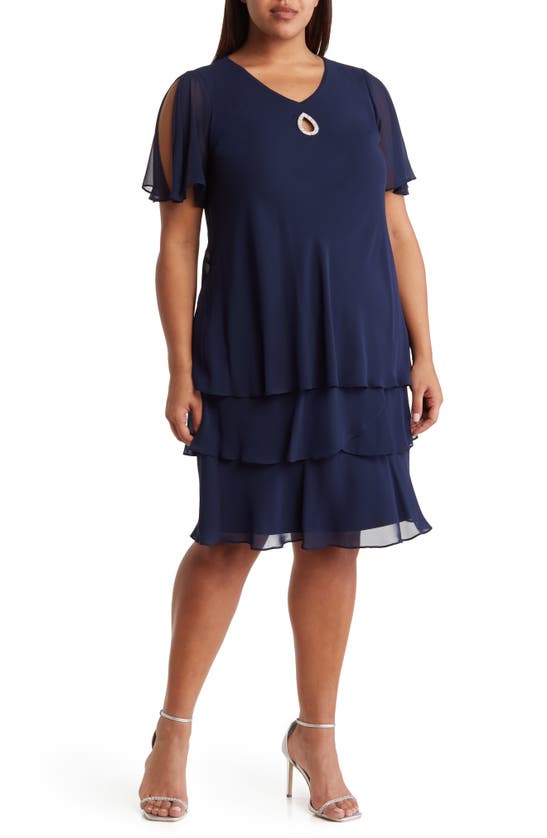 Shop Marina Crystal Teardrop Tiered Chiffon Sheath Cocktail Dress In Navy