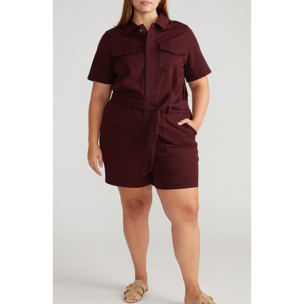 Universal Standard Tie Belt Stretch Twill Romper In Black Cherry