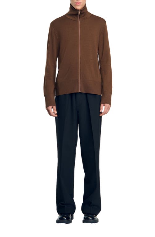 Shop Sandro Zip-up Wool Cardigan In Dark Caramel