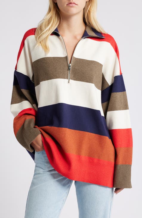 Wide Neck Fitted Stripe Sweater (Blue)