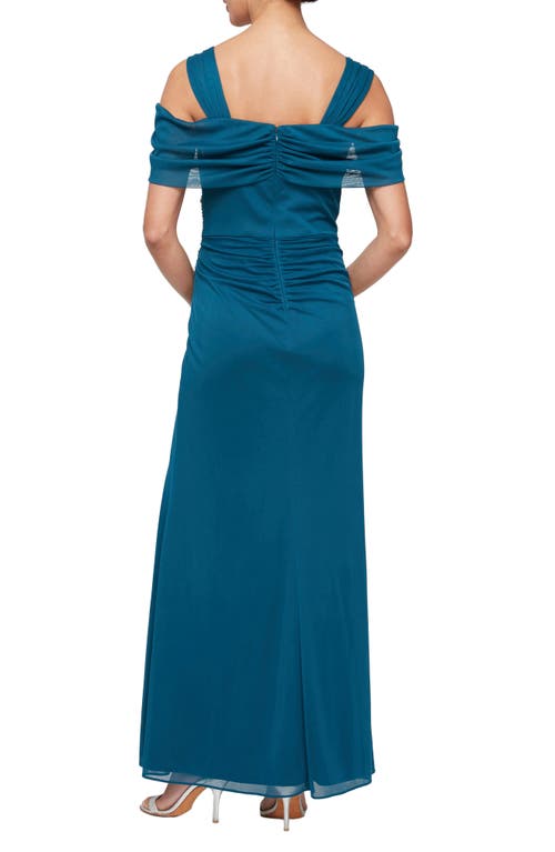 Alex Evenings Embellished Cold Shoulder Chiffon Gown In Peacock