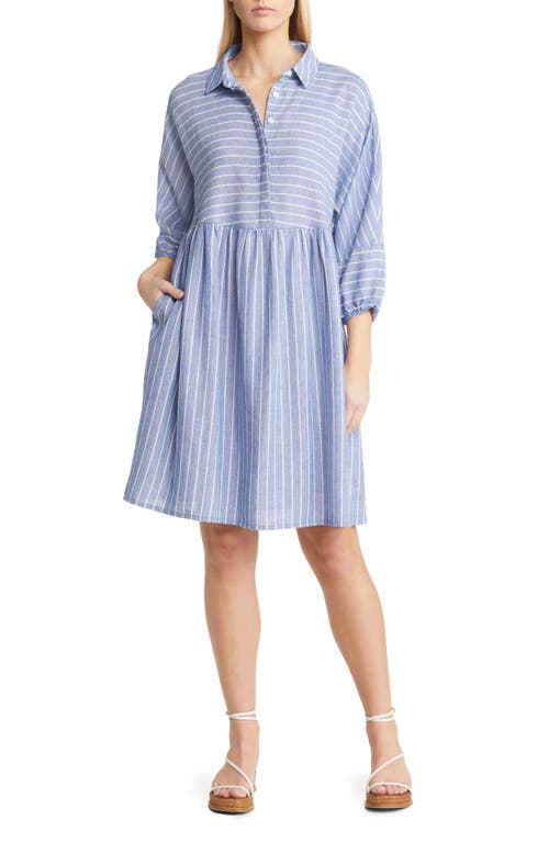 caslon(r) Stripe Long Sleeve Linen Blend Dress in Blue- White Lena Stripe