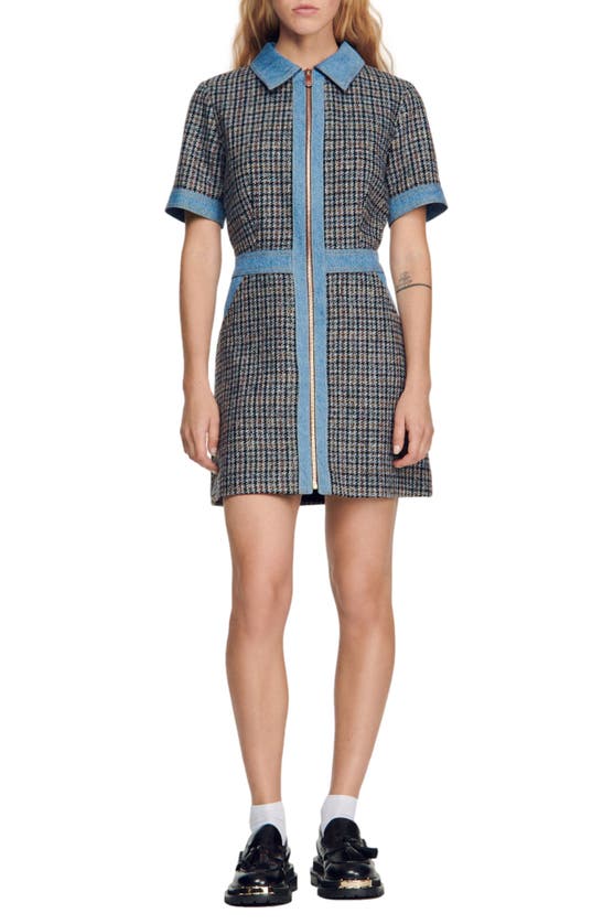 Sandro Mary Contrast Trim Plaid Dress In Blue Beige | ModeSens