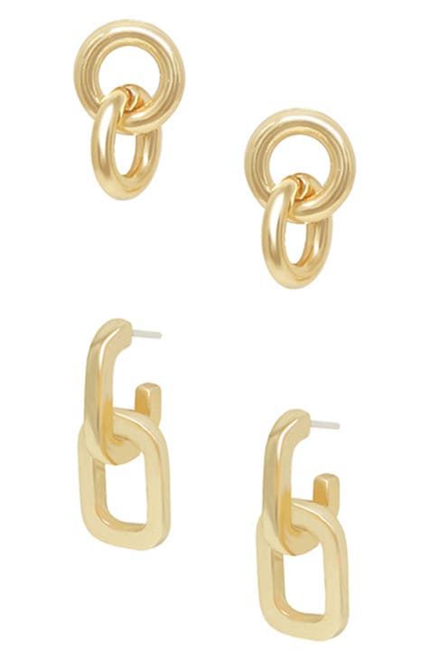 Set of 2 Link Drop & Drop Huggie Hoop Earrings