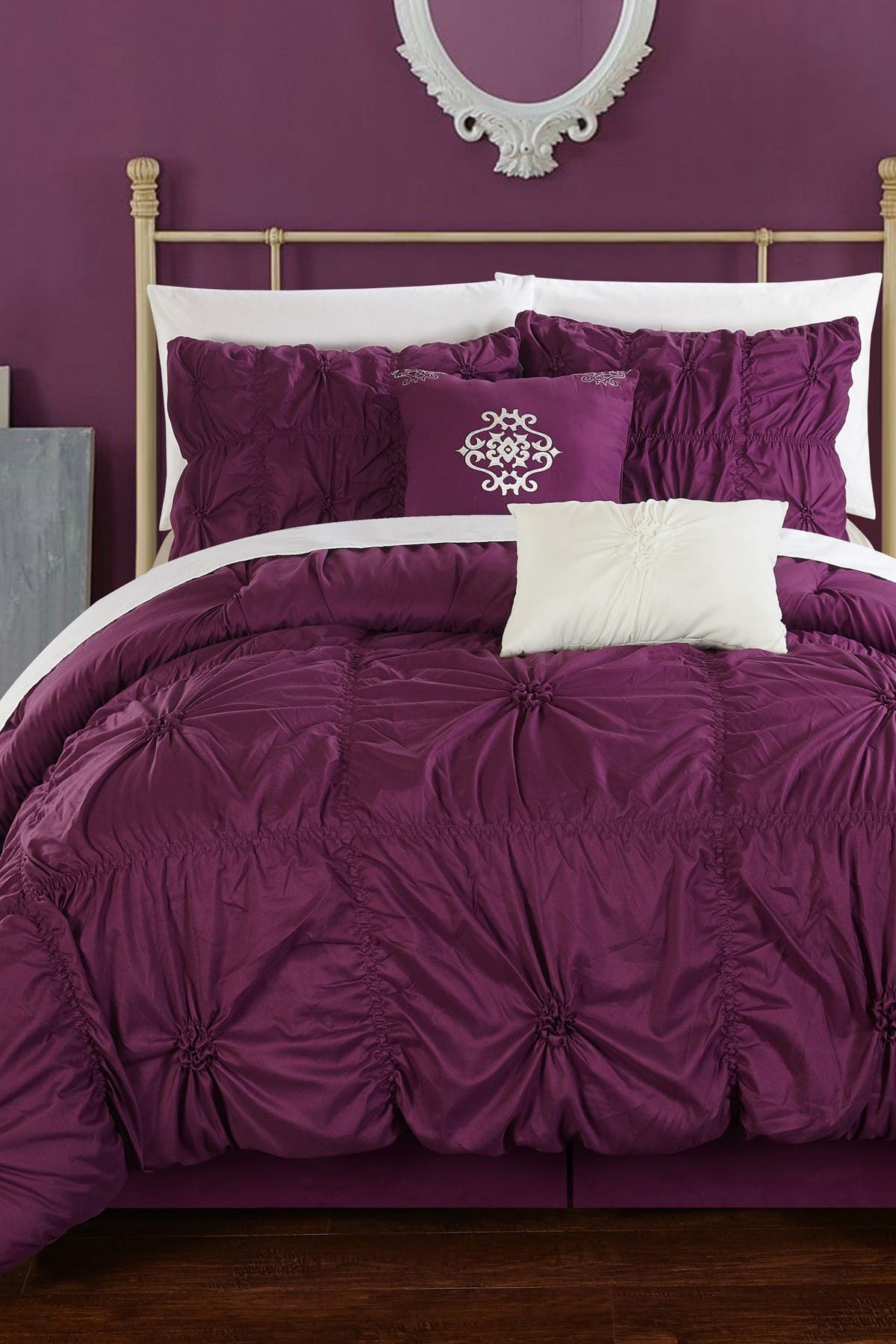 Chic Home Bedding Purple Hilton Floral Pinch Pleat Ruffle Embellished