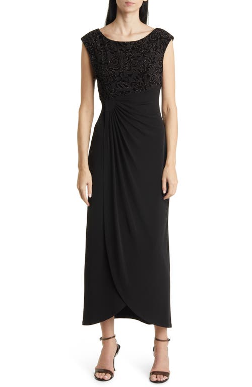 Beaded Bodice Cap Sleeve Faux Wrap Cocktail Dress in Black/Gold