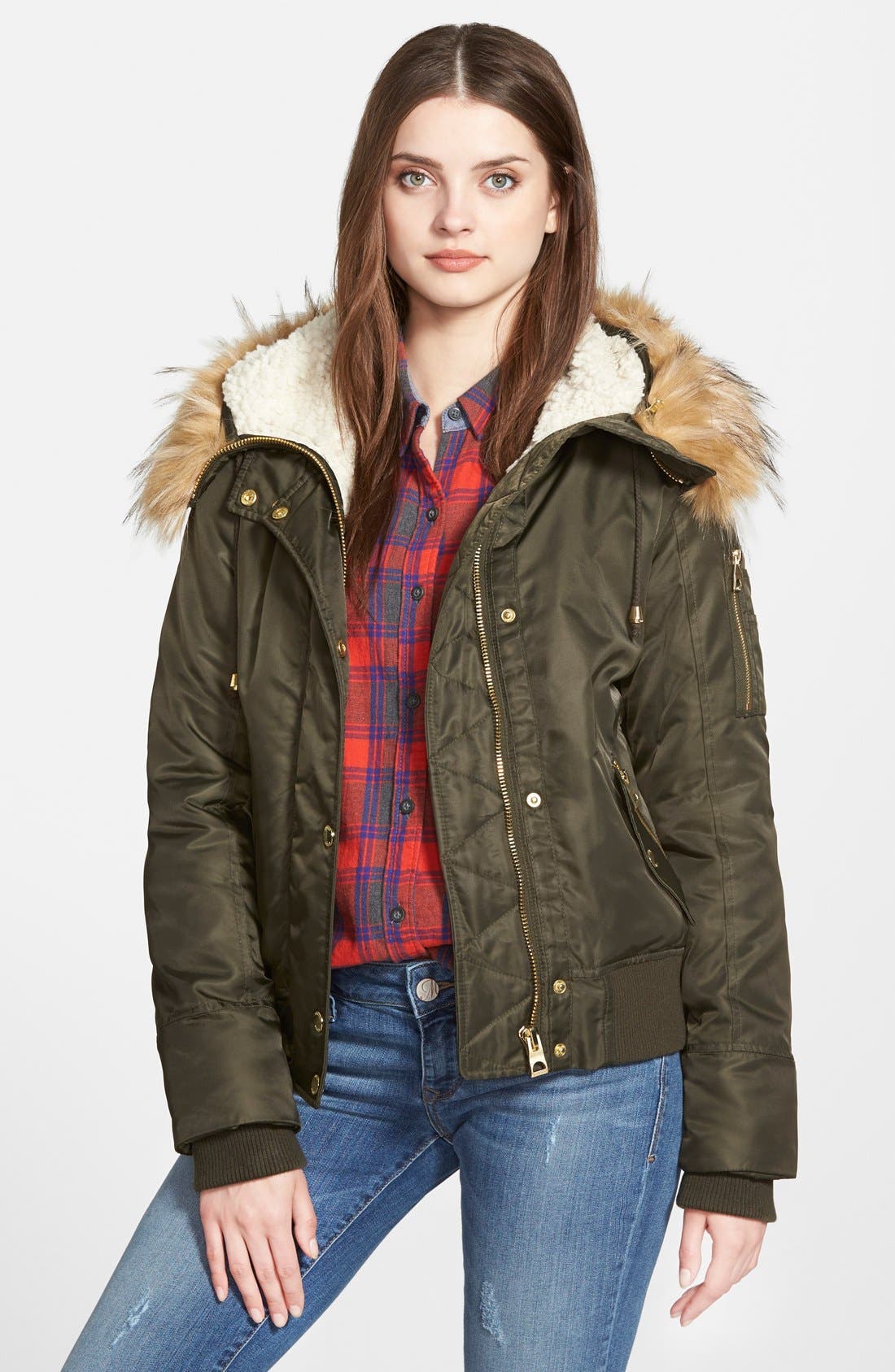 GUESS Hooded Satin Bomber Jacket with Faux Fur Trim & Faux Shearling