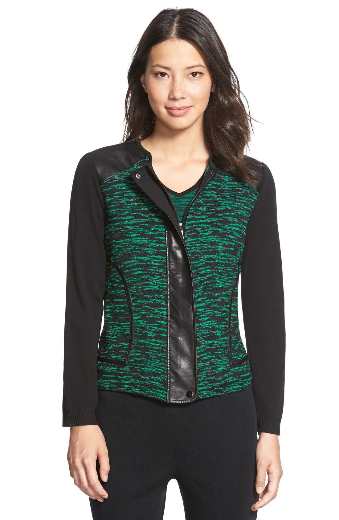 Ming Wang Faux Leather Trim Knit Jacket Nordstrom