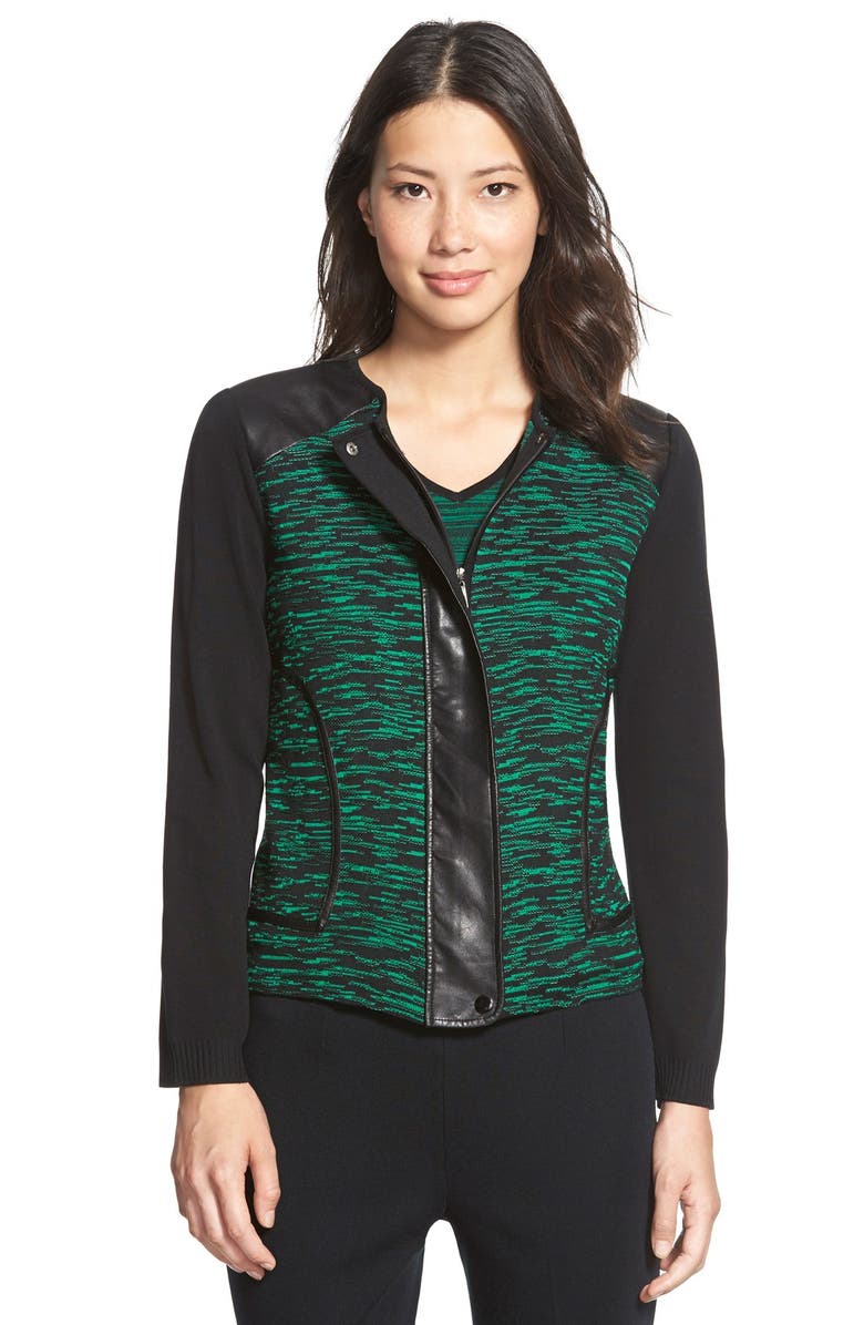 Ming Wang Faux Leather Trim Knit Jacket | Nordstrom