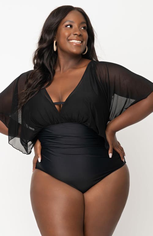 Shop Unique Vintage Plus Size Mesh Butterfly Sleeve Torrey One Piece Swimsuit In Black