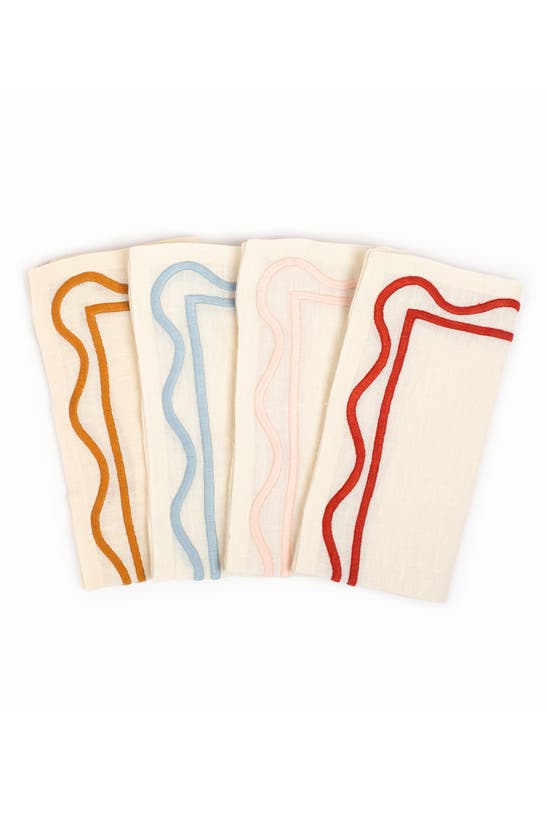 Misette Set Of 4 Embroidered Linen Napkins In Colour Block - Multicolor