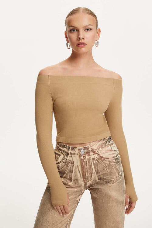 Nocturne Long Sleeve Crop Top in Beige at Nordstrom