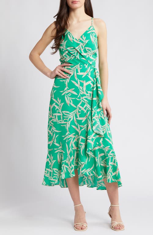 Faux Wrap Midi Dress in Green Tropical Leaf
