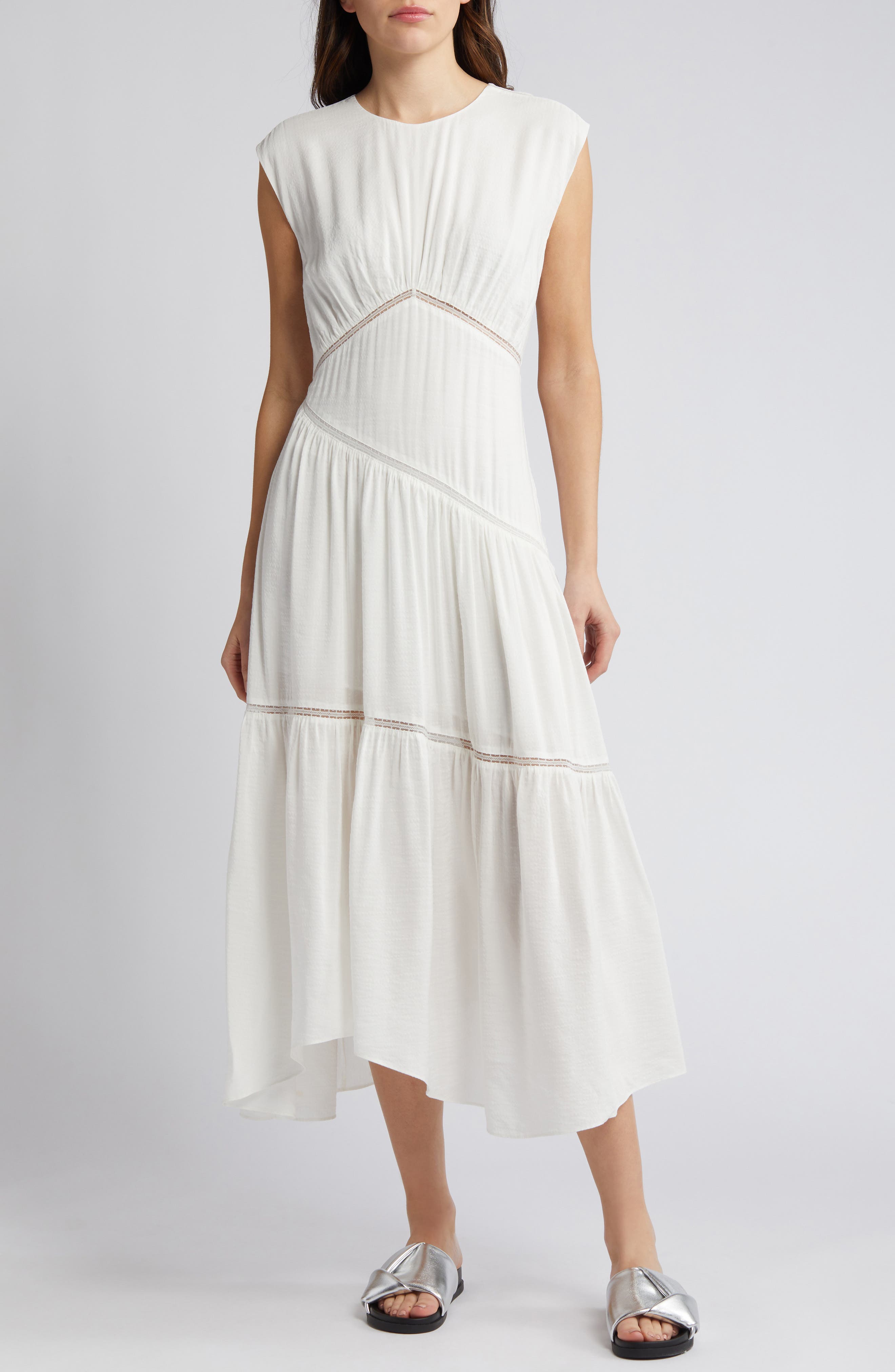 FRAME Lace Inset Handkerchief Hem Linen Blend Midi Dress in White | Smart  Closet