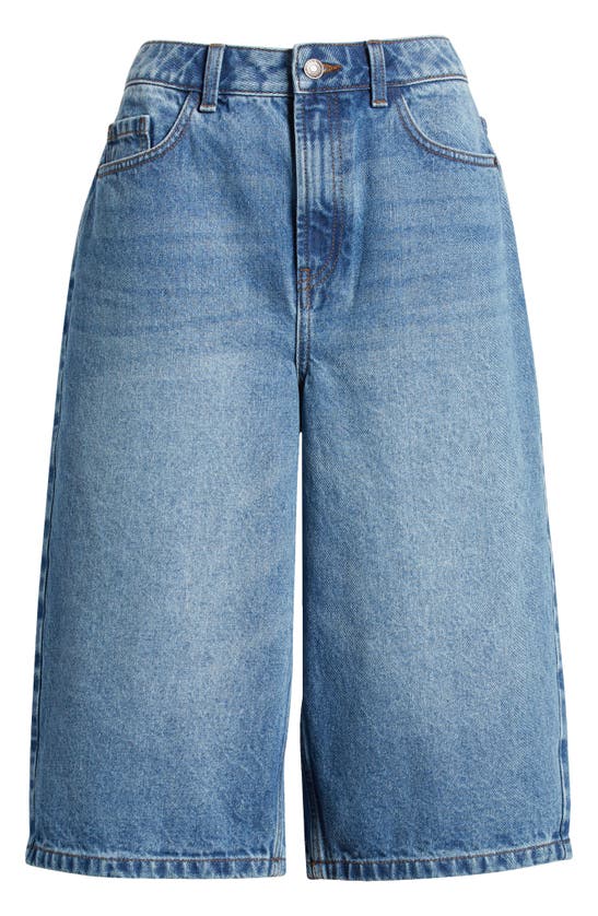 Shop Noisy May Lila High Waist Loose Knee Length Denim Shorts In Medium Blue Denim