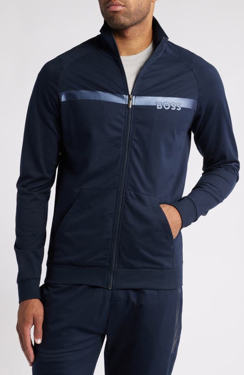 Shop Hugo Boss Boss Authentic Chest Stripe Cotton Zip Jacket In Dark Blue