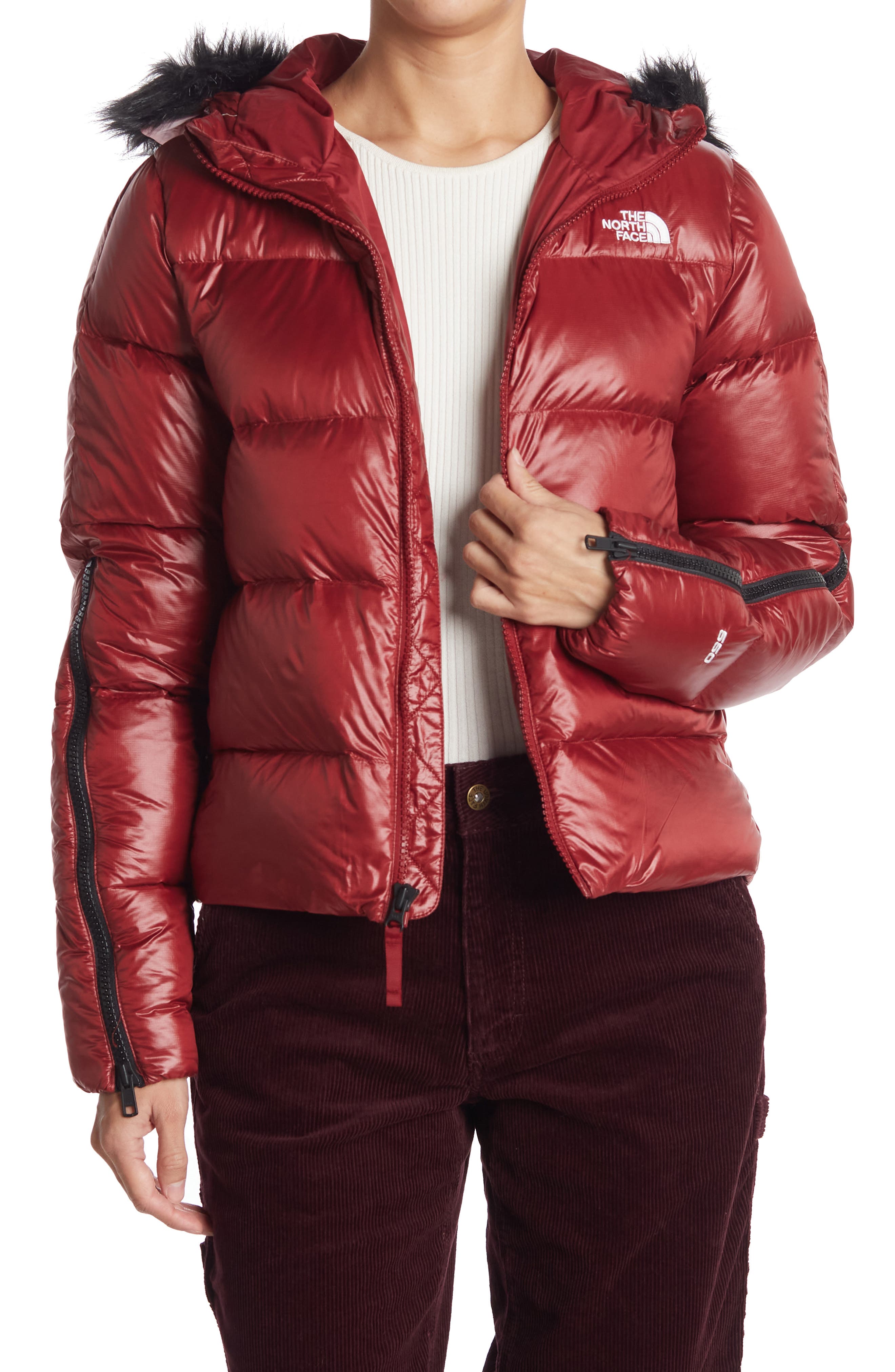 red north face jacket with fur hood